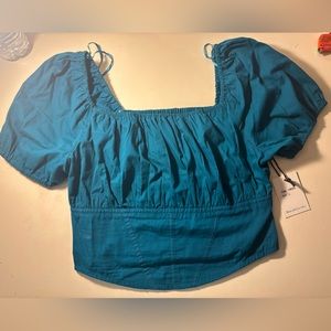 Blue corset blouse with balloon sleeves